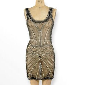 Y2K Sequin Mesh Dress Art Deco Beaded Sheer Bodycon Festival Glam Party Size S